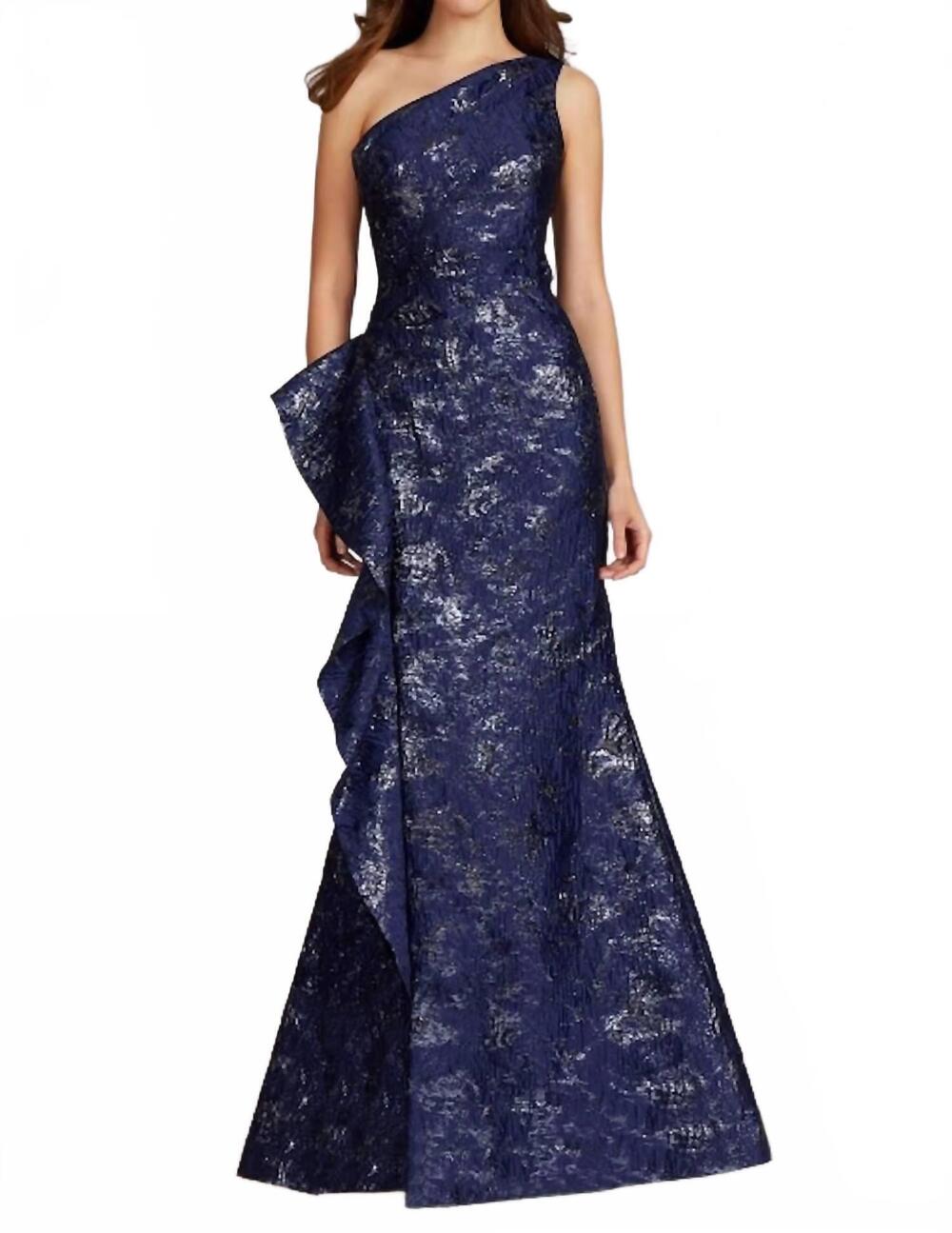 NEW TERI JON jacquard one shoulder side ruffle gown in navy
